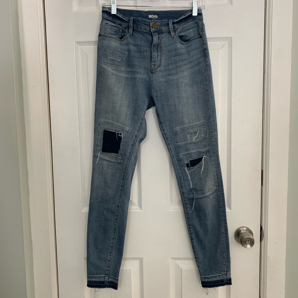 Light Wash Patchwork Denim Skinny Jeans from UO